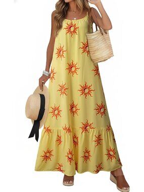 〽️Women's Yellow Floral Maxi Dress Scoop Neck Ruffle Hem Boho Summer Dress
